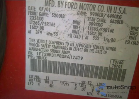 2002 Ford Super Duty F-350 Srw Xlt/Lariat/Xl z USA, uszkodzony, nr VIN 1FTSW31F82EA17419